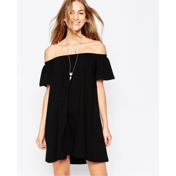 ASOS Elastic Off the Shoulder Black Mini Dress Short Shift Knit Stretch Sz 2 - Picture 1 of 9